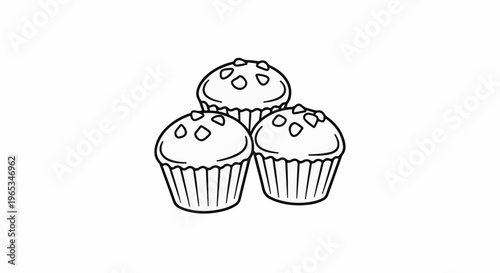 Three cartoon-style cupcakes with speckles on top, presented in liners