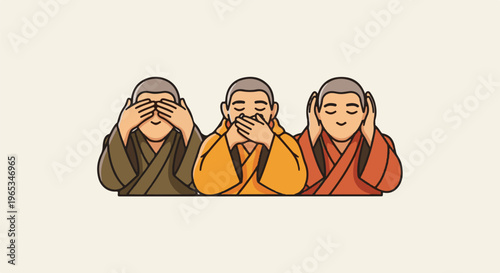 Three cartoon monks covering their eyes, mouth, and ears