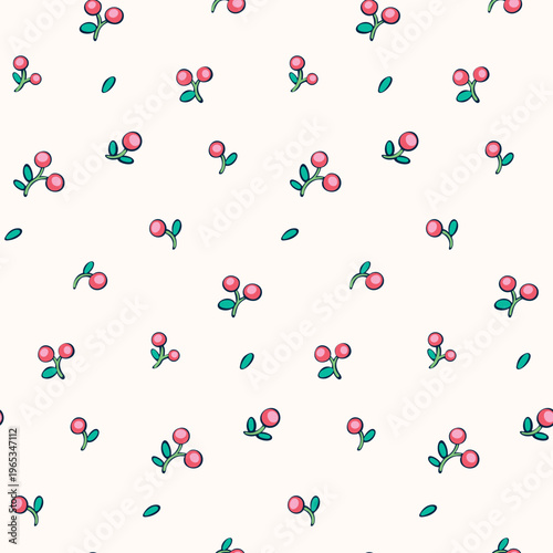 Seamless floral pattern, liberty ditsy print of mini summer plants. Cute botanical design, baby ornament of small hand-drawn berries, tiny green leaves on a white background. Vector illustration.