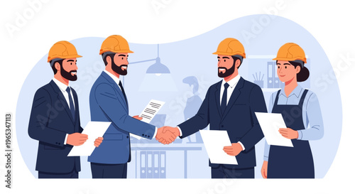 Vector illustration of four professional construction engineers and managers wearing hard hats and business suits, shaking hands and holding paper documents in a modern office environment.