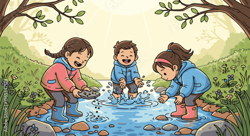 Three children play in a stream surrounded by nature