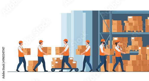 Vector illustration of industrial warehouse workers in orange safety vests and hard hats carrying cardboard boxes for delivery and logistics in a storage distribution center.