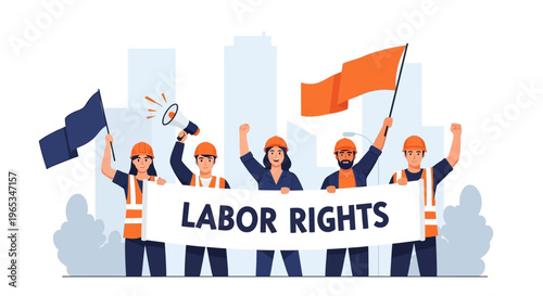 Vector illustration of a diverse group of industrial workers wearing hard hats and safety vests holding a white banner stating Labor Rights during a protest in a city setting.