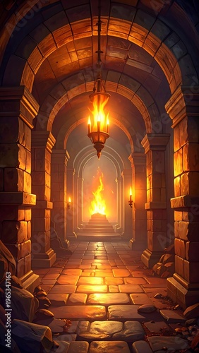 A dimly lit stone corridor curves into the distance, leading to a fiery blaze. Arches frame the pathway. A chandelier illuminates the tunnel