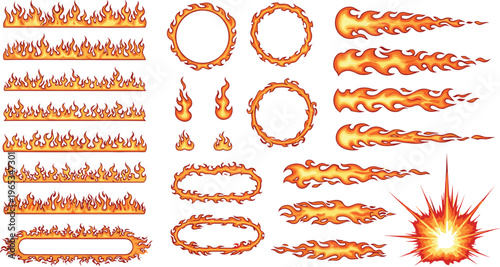 Flame fire elements pack with burning borders rings blazing trails and explosion effects isolated vector illustration collection