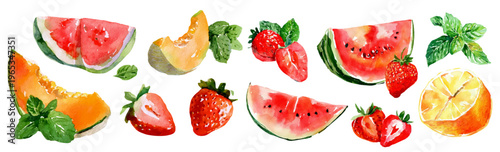 Summer fruit collection featuring freshly cut watermelon, sweet strawberries, ripe cantaloupe, and refreshing mint leaves, creating a vibrant watercolor illustration