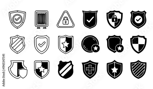 Black white shield icons vector set security protection heraldic symbols