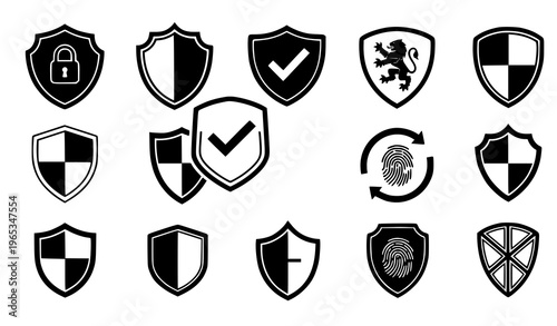 Security shield icon set vector black white protection symbols