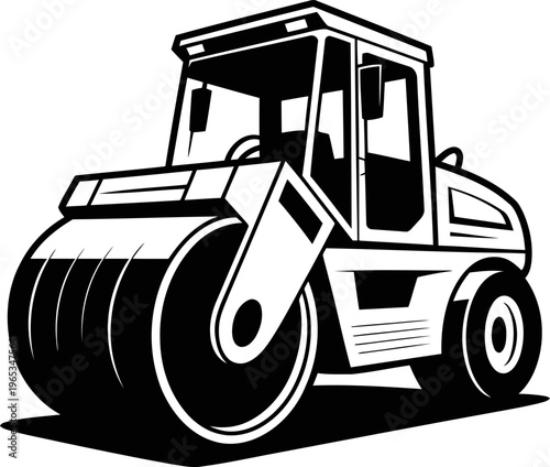 Road roller compactor machine heavy construction vehicle with large cylindrical drum for asphalt and soil compaction on site