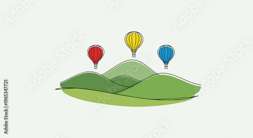 Three colorful hot air balloons float over stylized green hills