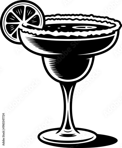 Margarita cocktail glass with salted rim and citrus slice garnish, refreshing alcoholic drink illustration
