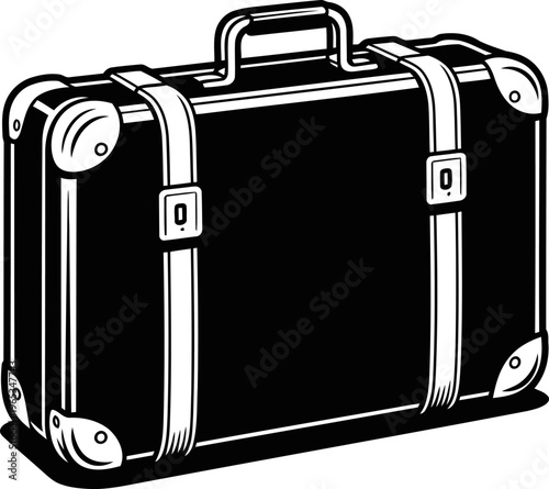 Classic suitcase with straps and handle, vintage travel luggage design in black and white