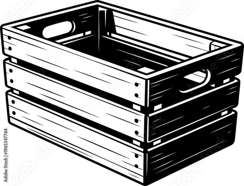 Wooden crate with handles, empty rectangular storage box with slatted sides and simple design