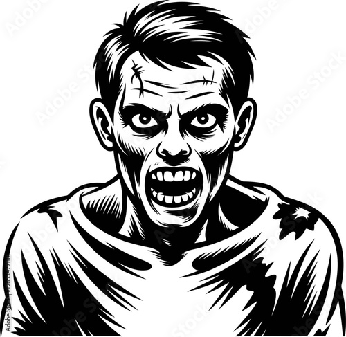 Zombie screaming face with torn clothes and hollow eyes in black and white illustration