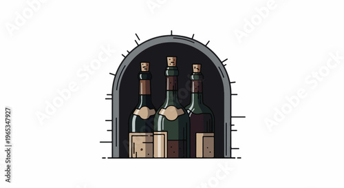 Three corked bottles stored in a dark, arched cellar