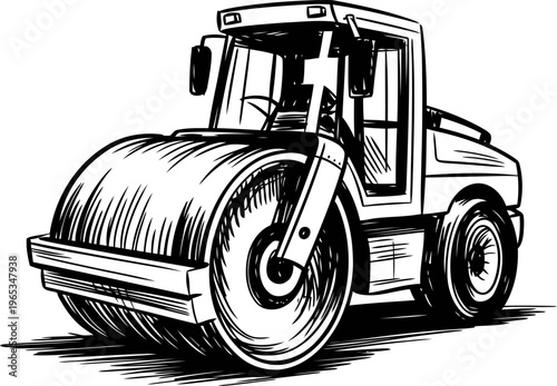 Road roller machine with large cylindrical drum heavy construction equipment for compacting soil and asphalt surfaces