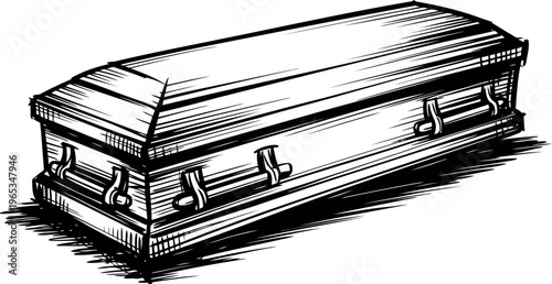 Wooden coffin with metal handles lying closed, classic burial container sketch drawing