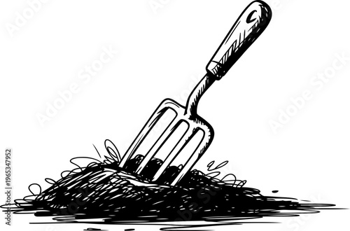 Garden fork stuck in a pile of soil with scattered leaves in black ink drawing