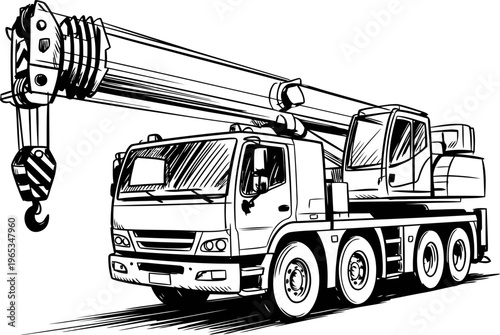 Mobile crane truck with extended boom and large hook for heavy lifting and construction tasks