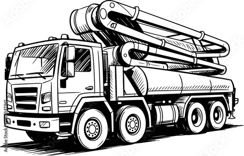 Concrete pump truck illustration heavy construction vehicle with booms and pipes for pouring concrete