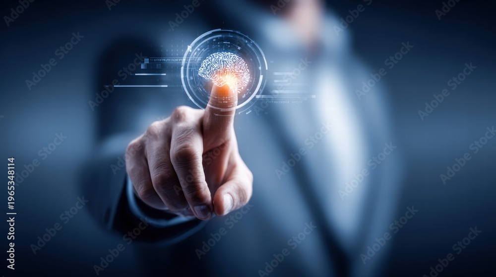 Fototapeta premium Human finger interacting with a glowing digital brain interface, exploring the possibilities of ai.