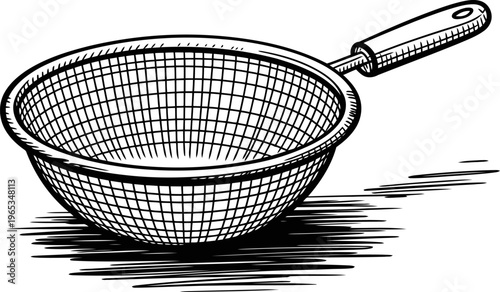 Hand drawn metal strainer with mesh sieve and wooden handle, kitchen cooking utensil for draining and filtering liquids