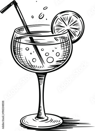 Refreshing cocktail in a glass with a straw and lemon slice, bubbles rising, summer drink illustration