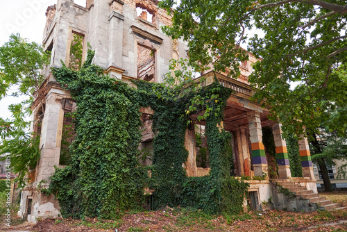 Tablou pe pânză Historic abandoned mansion facade covered in vibrant green ivy