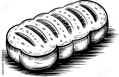 Freshly baked bread loaf, golden crust with slits, detailed hand drawn illustration of baked goods