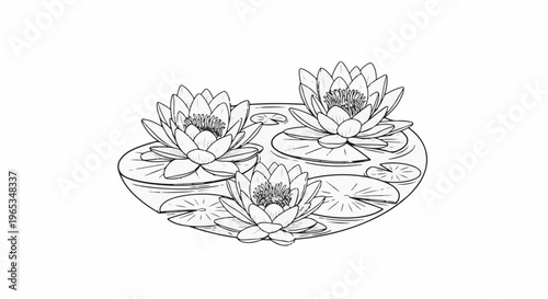 Three delicate white water lilies float peacefully on tranquil lily pads