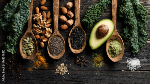 A collection of superfoods displayed on wooden spoons.