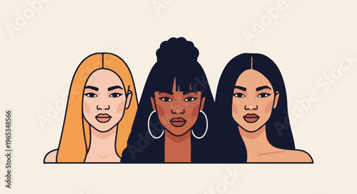 Three diverse women's faces in a minimalist illustration