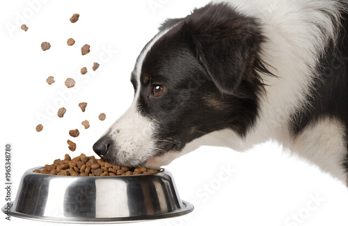 dog eating from stainless steel pet food bowl, dry kibble visible, realistic pet feeding scene, isolated on transparent background, png