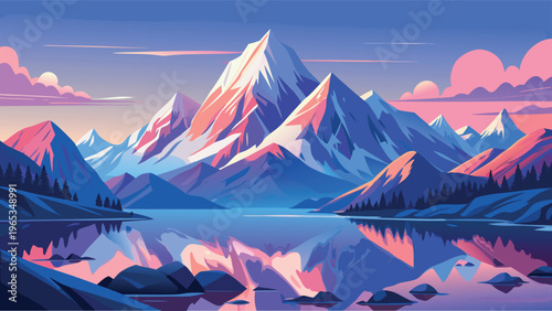 Majestic Snow Capped Mountain Range Reflecting in Calm Lake at Sunset Flat Vector Illustration