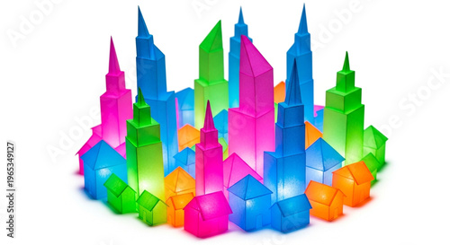 Vibrant Illuminated Origami Paper City Model with Glowing Skyscrapers and Houses on White Background