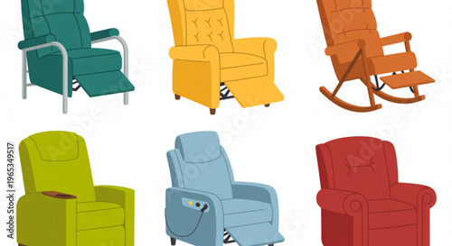 Colorful wooden rocking chairs in various styles and designs Vector