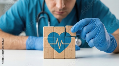 Healthcare professional building heart blocks with ecg line on table