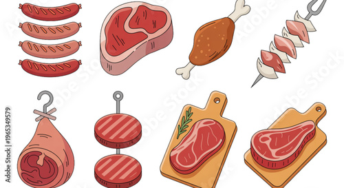 Assorted cooked and raw meat cuts displayed in a visually appealing arrangement Vector