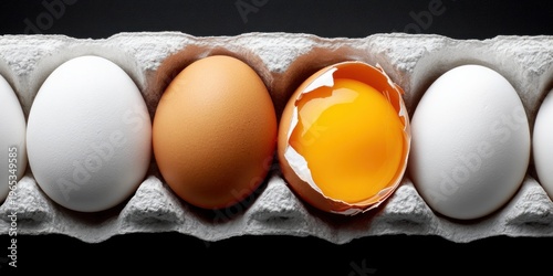 A carton of eggs with one cracked open revealing a vibrant yellow yolk