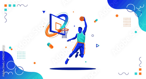 Athlete performs a powerful slam dunk during a basketball game, leaping high toward the hoop with energy and motion captured dynamically.