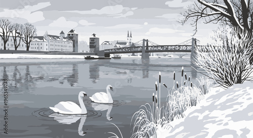 Swans swim in a frozen river next to snowy banks and a bridge