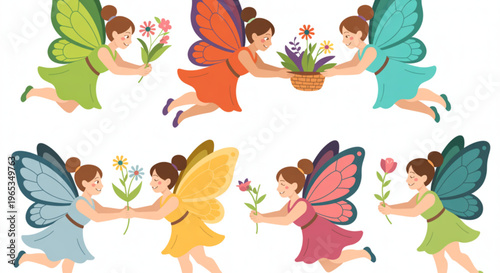 Colorful animated fairies dancing and playing together in a joyful group Vector