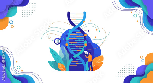 Tiny scientist observes a massive double helix structure, representing genetic research and molecular biology exploration on a conceptual level.
