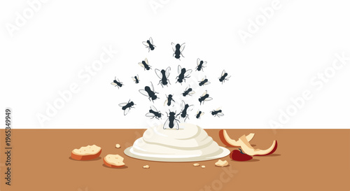 Swarm of flies descending upon a dollop of cream with bread and apple