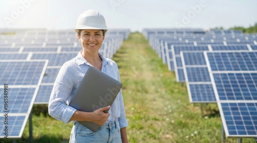 Female engineer with laptop standing in front of solar panels in a green field on a sunny day with a clear blue sky