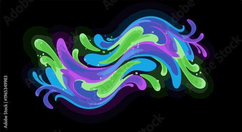 Swirling abstract bursts of vibrant green, blue, and purple on black