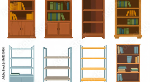 Varied styles of wooden wardrobes and shelving units in a row Vector