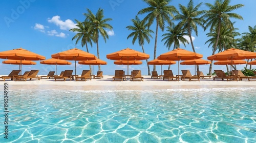 Serene beach scene with vibrant orange umbrellas and lounge chairs on pristine white sand surrounded by swaying palm trees and crystal clear turquoise water under a bright blue sky