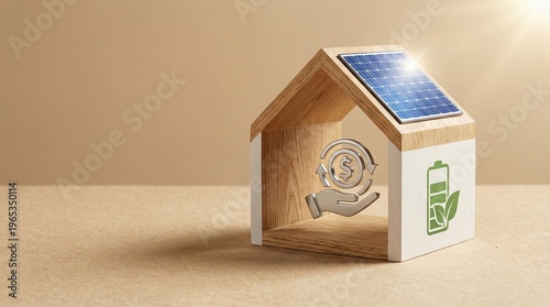 Eco friendly house model with solar panel and sustainable symbols on a beige background