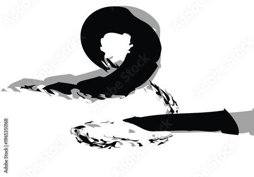 Abstract black and gray ink flow and swirl art on white background with brush stroke with ink painting